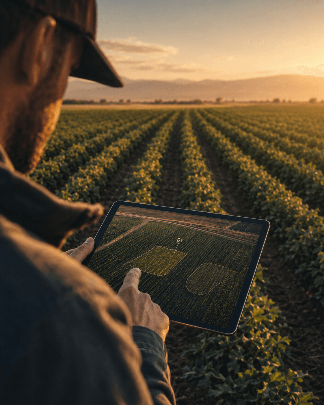 Farmer reviewing field data on a tablet